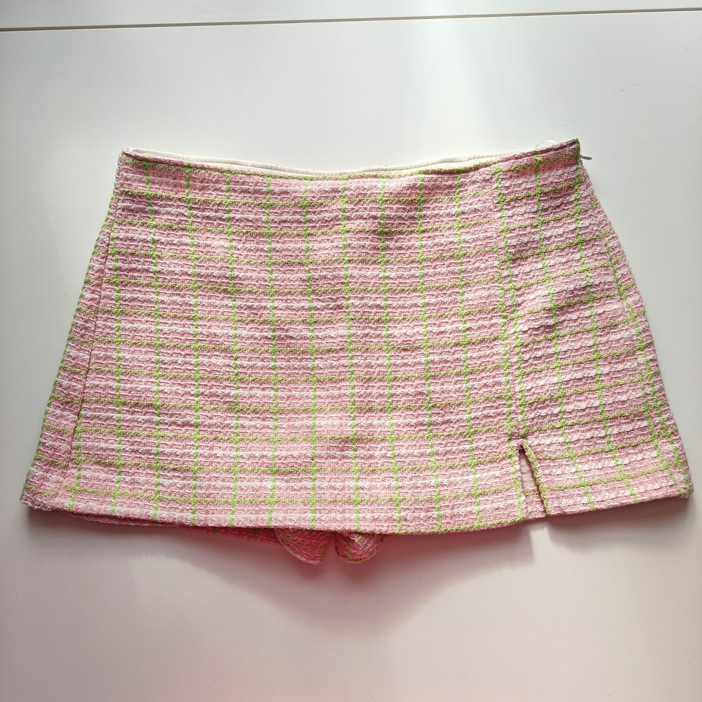 Zara Pink Lime Green Tweed Plaid Skort Mini Skirt Shorts Side Slit Zip Large